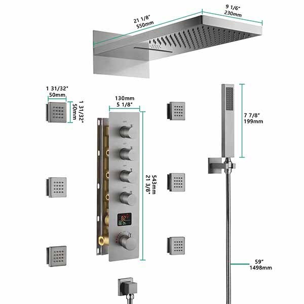 Shower system with various components and dimensions labeled on a white background