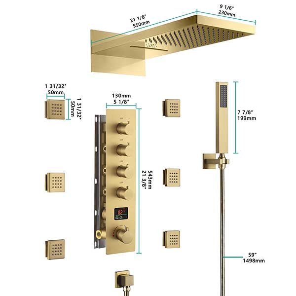 Gold shower system with various components and measurements on a white background