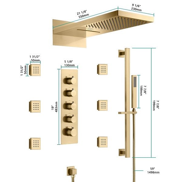 Gold shower system with dimensions on a white background