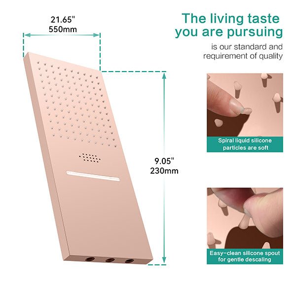 Measurement chart of a shower head with text about quality and features.