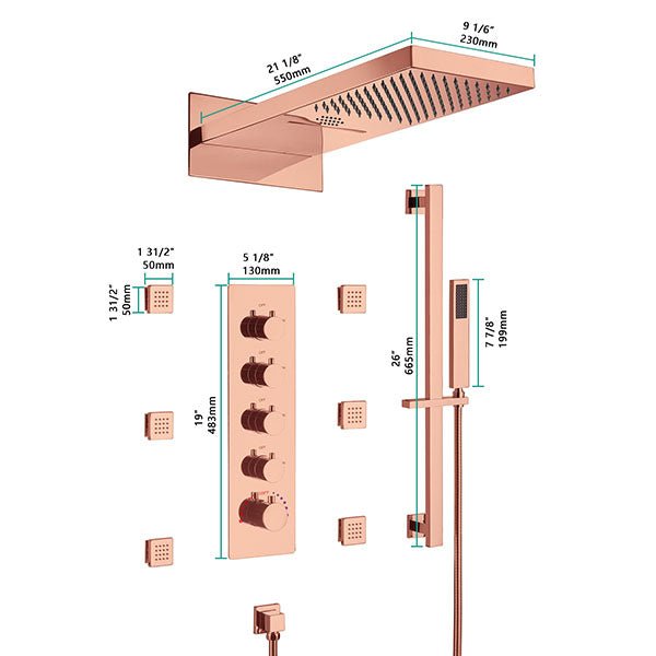 Rose gold shower system with dimensions on a white background