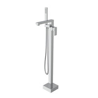 Chrome freestanding bathtub faucet with handheld shower on a white background