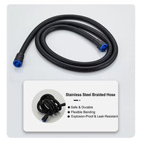 Stainless steel braided hose on a white background with text highlighting features.