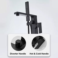 Black shower faucet set with diverter and hot/cold handles on a white background