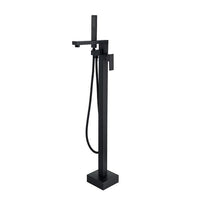 Black freestanding bathtub faucet with handheld shower on a white background
