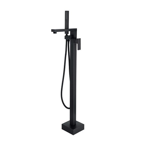 Black freestanding bathtub faucet with handheld shower on a white background
