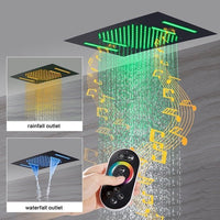 Cascada 15x23 LED ceiling shower with rainfall, waterfall, Bluetooth, and remote-controlled lighting.