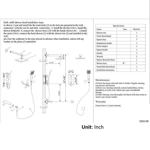 Technical Drawing of Cascada Gallant digital shower full set 