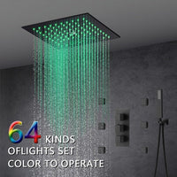 Cascada Luxury 12” Music LED shower system with built-in Bluetooth Speakers, 4 function (Rainfall, Misty, body jets & Hand Shower) & Remote Control 64 Color Lights cascada system LED bluetooth shower head speaker hot cold music rain rainfall musical light showerhead body spray jet waterfall misty ceiling mounted handheld high pressure thermostatic mixer holder black matte chrome oil rubbed bronze remote control