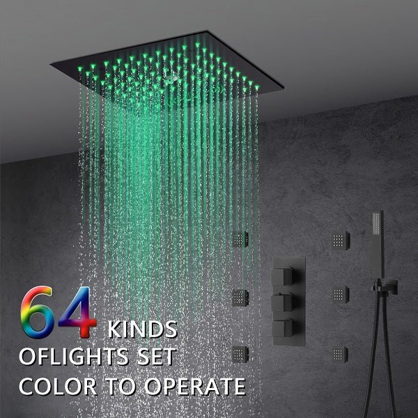 Cascada Luxury 12” Music LED shower system with built-in Bluetooth Speakers, 4 function (Rainfall, Misty, body jets & Hand Shower) & Remote Control 64 Color Lights cascada system LED bluetooth shower head speaker hot cold music rain rainfall musical light showerhead body spray jet waterfall misty ceiling mounted handheld high pressure thermostatic mixer holder black matte chrome oil rubbed bronze remote control