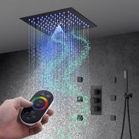 Cascada Luxury 12” Music LED shower system with built-in Bluetooth Speakers, 4 function (Rainfall, Misty, body jets & Hand Shower) & Remote Control 64 Color Lights cascada system LED bluetooth shower head speaker hot cold music rain rainfall musical light showerhead body spray jet waterfall misty ceiling mounted handheld high pressure thermostatic mixer holder black matte chrome oil rubbed bronze remote control