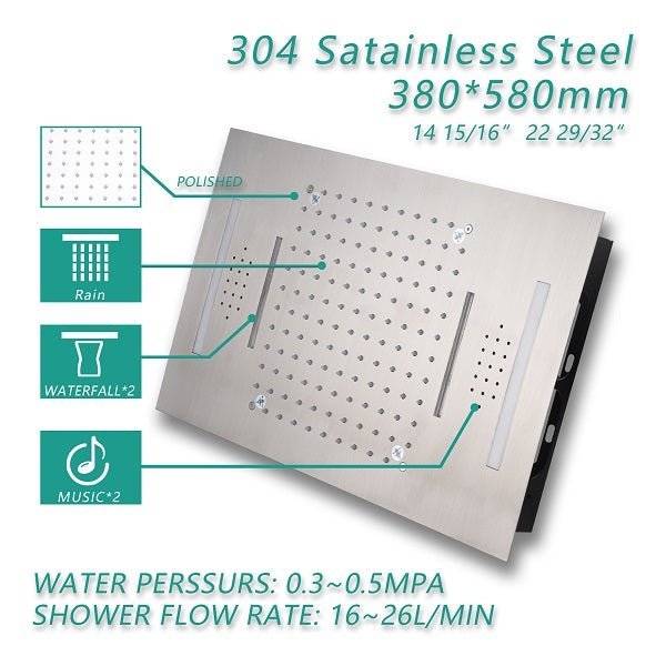 Stainless steel shower head with labeled features and specifications 