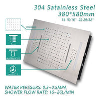 Stainless steel shower head with labeled features and specifications 