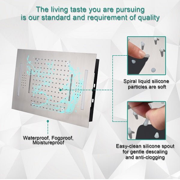 Product with text highlighting features like spiral liquid silicone particles, waterproofing, and easy-clean silicone spout.