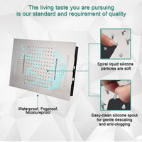 Product with text highlighting features like spiral liquid silicone particles, waterproofing, and easy-clean silicone spout.