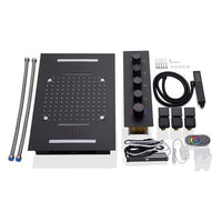 Cascada Luxury 15” x 23” LED Music shower system with built-in Bluetooth Speakers, 4 function (Rainfall, Waterfall, Body jet & Handshower) & Remote Control 64 Color Lights cascada system LED bluetooth shower head speaker hot cold music rain rainfall musical lights showerhead body spray jets waterfall misty ceiling mounted handheld high pressure multicolor holder matte black chrome oil rubbed bronze mixer remote control led black shower system
