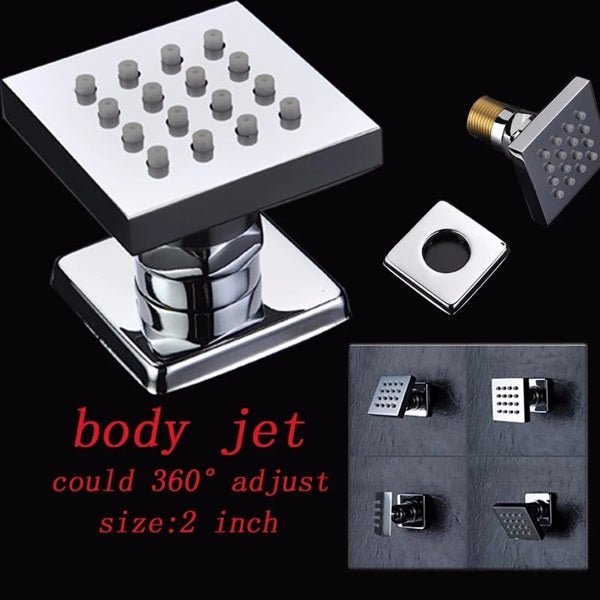 Chrome shower head and control valve with adjustable body jets 