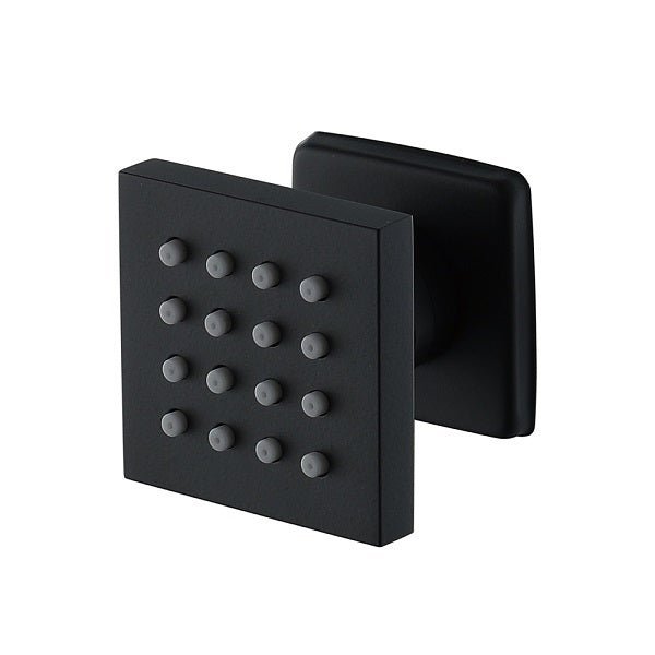 Black square shower head with textured surface 