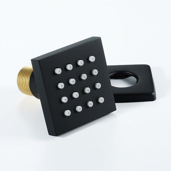 Black square shower head with gold nozzle 