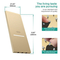 Gold shower head with measurements and text about quality and features on a white background
