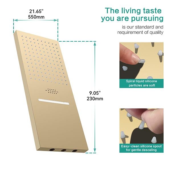 Gold shower head with measurements and text about quality and features on a white background