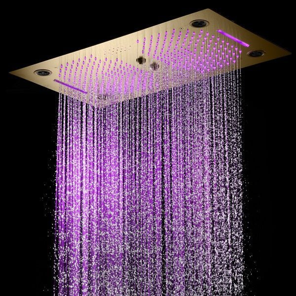 Cascada Pisa 16"x28" Brushed Gold Bluetooth LED Showerhead - Cascada Showers