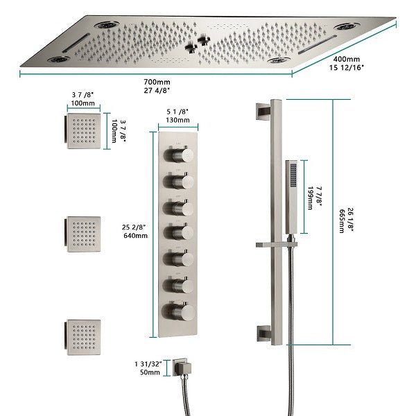 Cascada Pisa 16"x28" Brushed Nickel Bluetooth LED Shower System - Cascada Showers