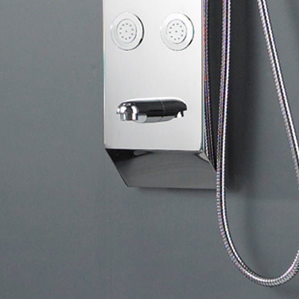 Close-up of #304 mirror stainless steel finish on Cascada Showers Lusso shower panel