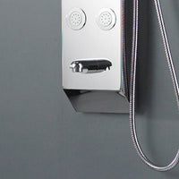 Close-up of #304 mirror stainless steel finish on Cascada Showers Lusso shower panel