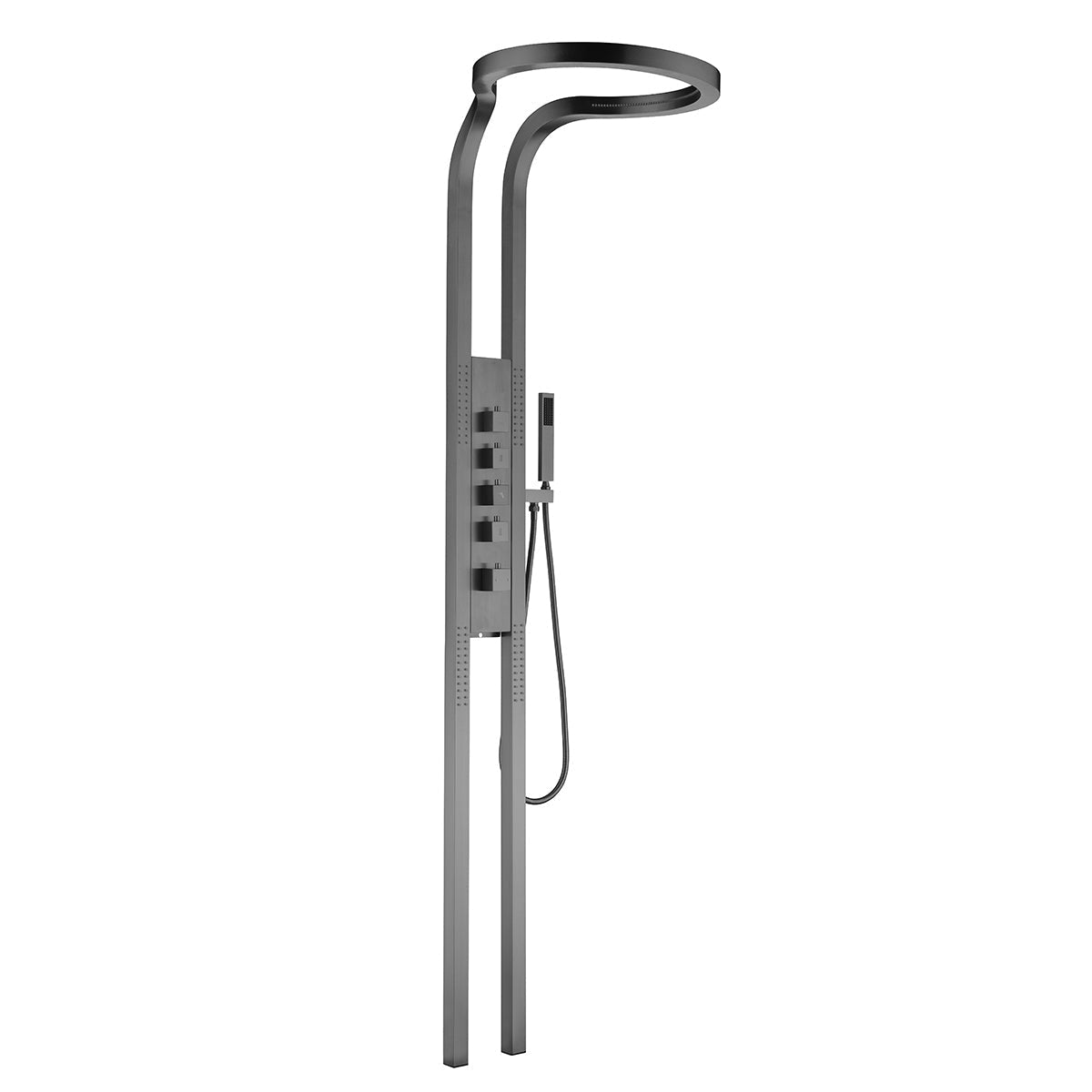 Full view of Cascada waterfall shower panel with jets and handheld.