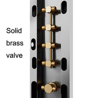 Upper body spray jets on circular shower panel.