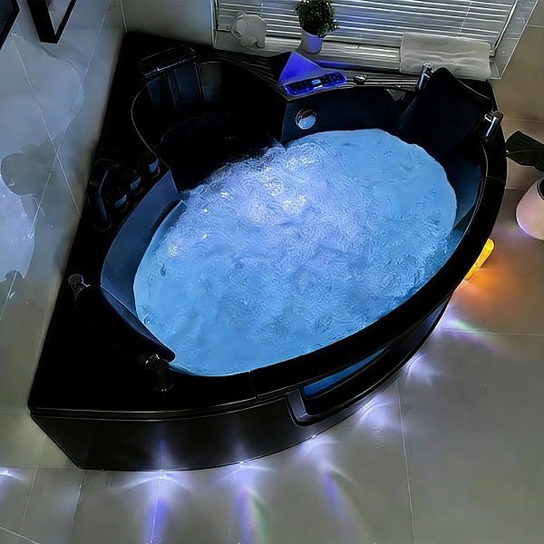 Cascada Venice black corner jacuzzi bathtub with LED lighting and smart touch panel