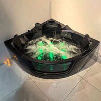 7-color underwater LED lights glowing in Cascada Venice black acrylic bathtub