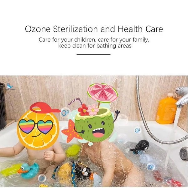 Children playing in a bathtub with colorful bath toys, ozone sterilization and health care text above.