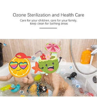Children playing in a bathtub with colorful bath toys, ozone sterilization and health care text above.