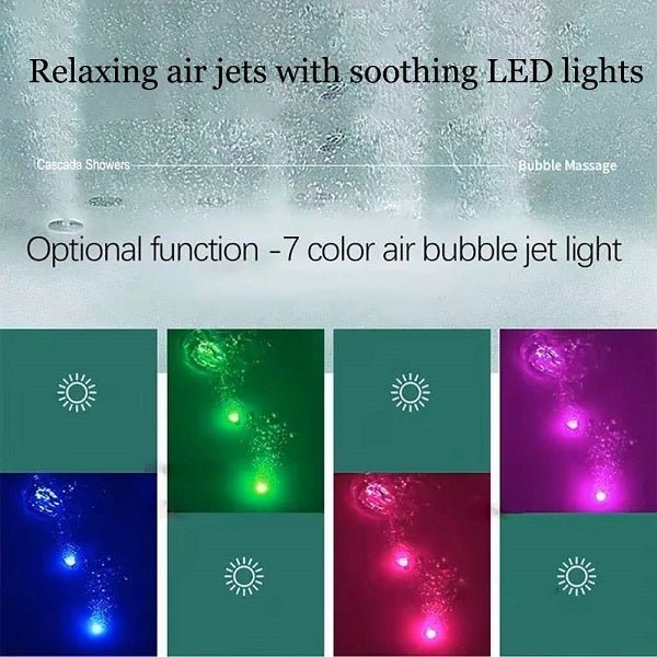 Relaxing air jets with soothing LED lights in a shower setting.
