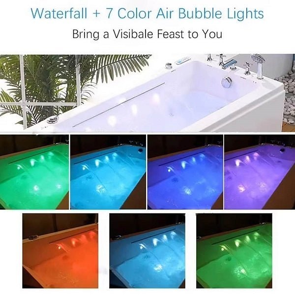 White bathtub with waterfall feature and 7 color air bubble lights in various colors.
