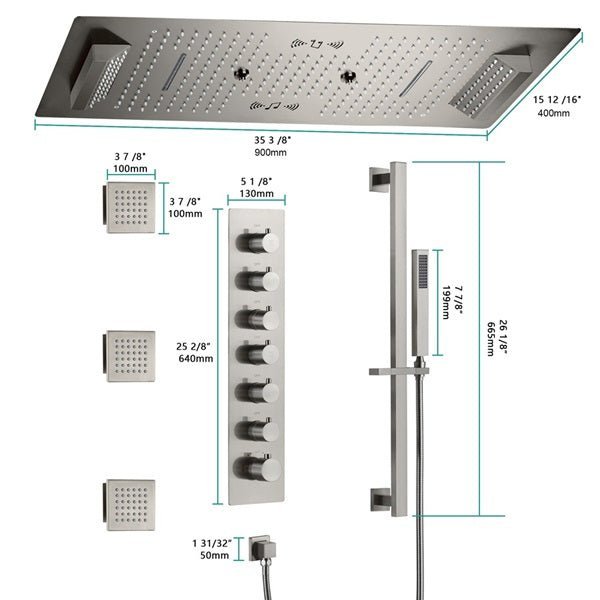 Cascada Verona 16"x36" Brushed Nickel Music LED Shower System - Cascada Showers