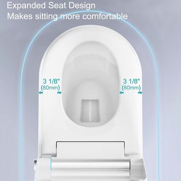 Toilet seat with expanded design labeled on a gray background