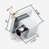 Square brass shower elbow close up thread detail