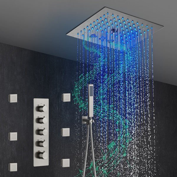 Cascada Luxury 12" Music LED shower system with built-in Bluetooth Speakers, 4 functions (Rainfall, Mist Outlet, Body jets & HandShower) & Remote Control 64 Color Lights cascada system LED bluetooth shower head speaker hot cold music rain rainfall musical lights showerhead body spray jet waterfall misty ceiling mounted handheld high pressure multicolor holder thermostatic chrome oil rubbed bronze mixer remote control