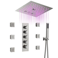 Cascada Luxury 12" Music LED shower system with built-in Bluetooth Speakers, 4 functions (Rainfall, Mist Outlet, Body jets & HandShower) & Remote Control 64 Color Lights cascada system LED bluetooth shower head speaker hot cold music rain rainfall musical lights showerhead body spray jet waterfall misty ceiling mounted handheld high pressure multicolor holder thermostatic chrome oil rubbed bronze mixer remote control