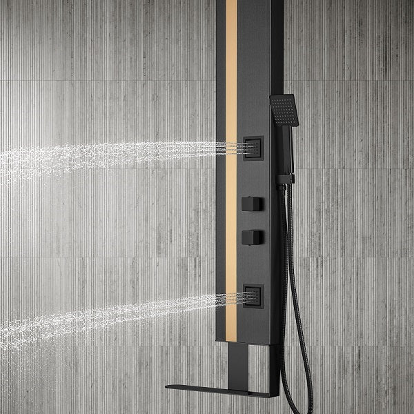 Close-up of Cascada Showers All-in-One Shower Panel with Matt Black and Brushed Gold Finish