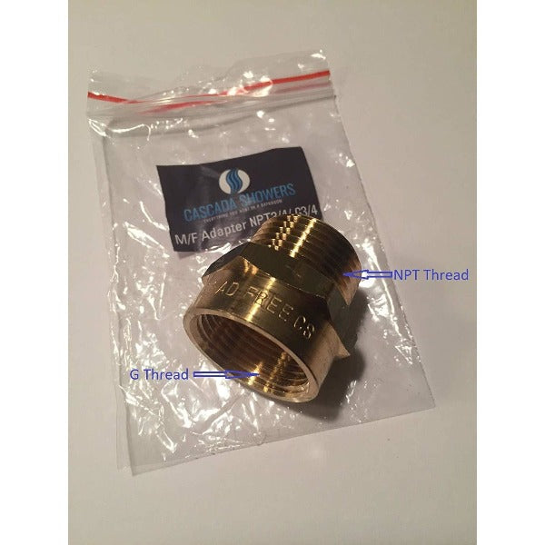 Brass adapter with G and NPT thread labels on a clear plastic bag with Cascadia Supply Co. branding.