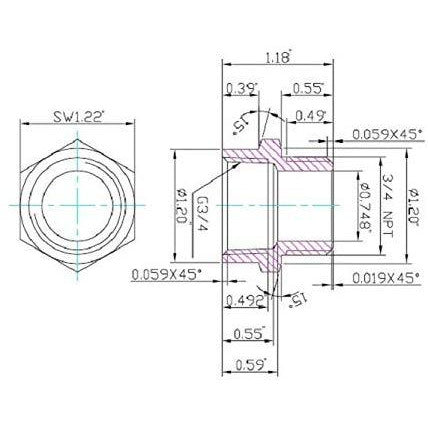 Technical drawing of a hexagonal nut with dimensions