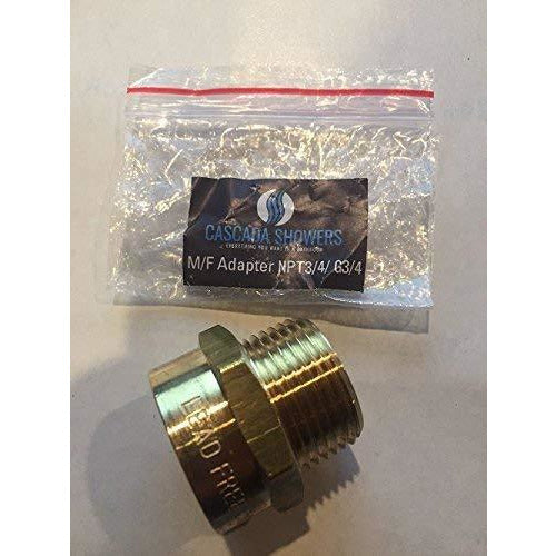 Brass M/F adapter with Cascada Showers packaging on a white background
