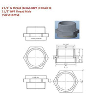 Technical drawing and diagram of a plumbing fitting with dimensions and thread specifications.