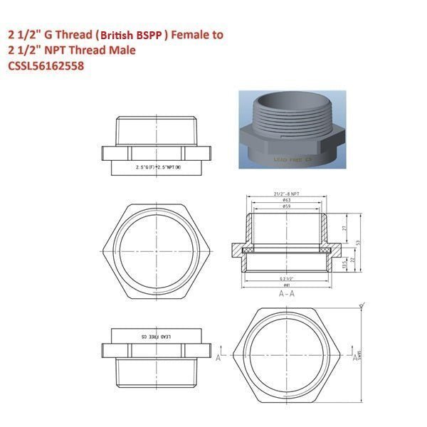 Technical drawing and diagram of a plumbing fitting with dimensions and thread specifications.