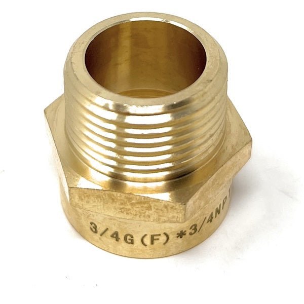 Brass pipe fitting with threaded end on a white background
