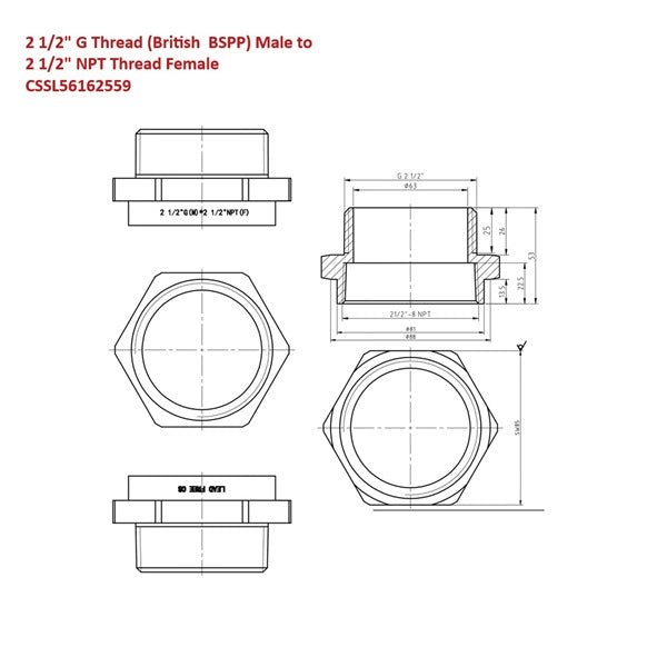 2.5 inch G BSPP to NPT female adapter dimension diagram — CSSL56162559 measurements